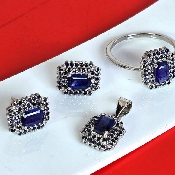 Natural Sapphire set 925 Sterling Silver Earrings Pendant Ring 7.25 - Picture 3 of 8